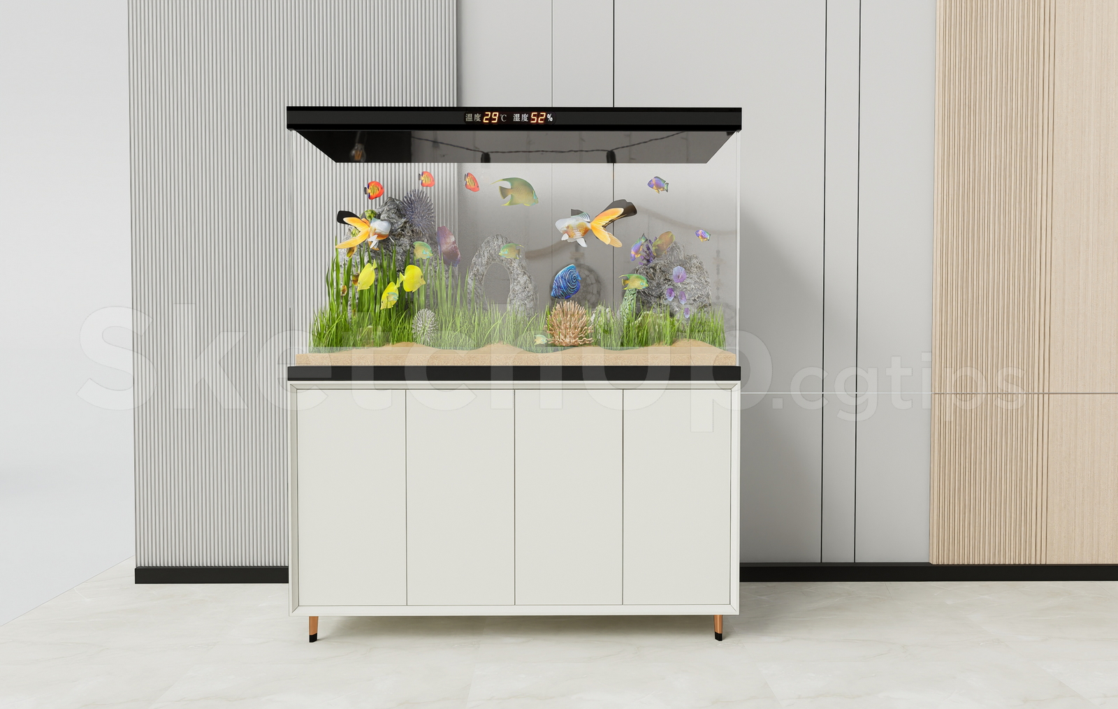 21685. Modern Aquarium Fish Tank With Storage Cabinet – Sketchup 3d Model Download (1)