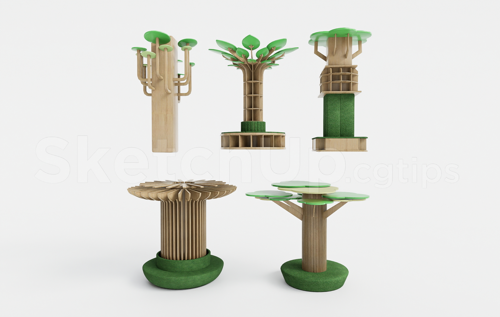 21689. Wooden Tree Bookshelf Column Collection Sketchup Model Download (1)