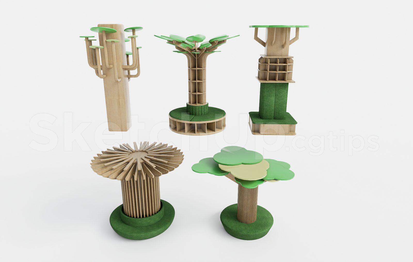 21689. Wooden Tree Bookshelf Column Collection Sketchup Model Download (2)