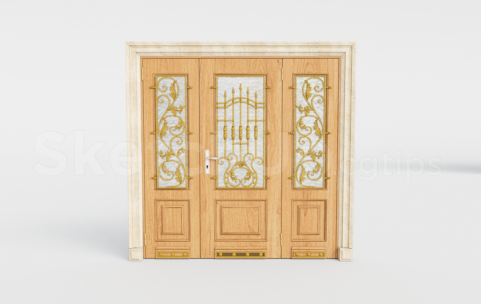 21694. Classic Wrought Iron Glass Wooden Main Door 3d Model Sketchup Download (1)