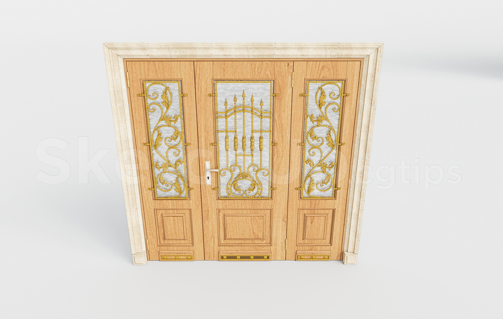 21694. Classic Wrought Iron Glass Wooden Main Door 3d Model Sketchup Download (2)