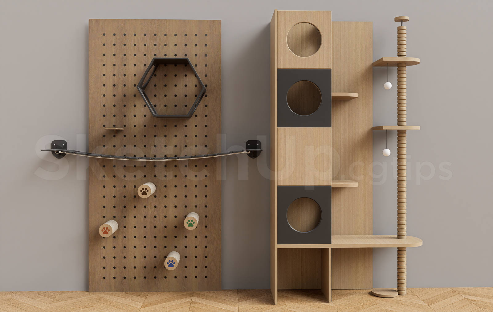 21703. Wall-mounted Wooden Cat Furniture Set – Free Sketchup Download (1)