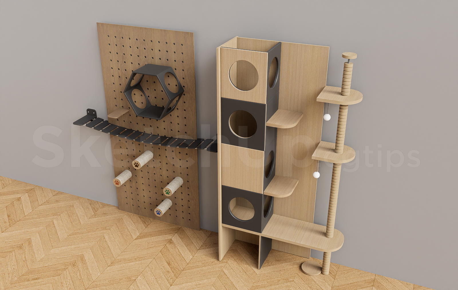 21703. Wall-mounted Wooden Cat Furniture Set – Free Sketchup Download (2)