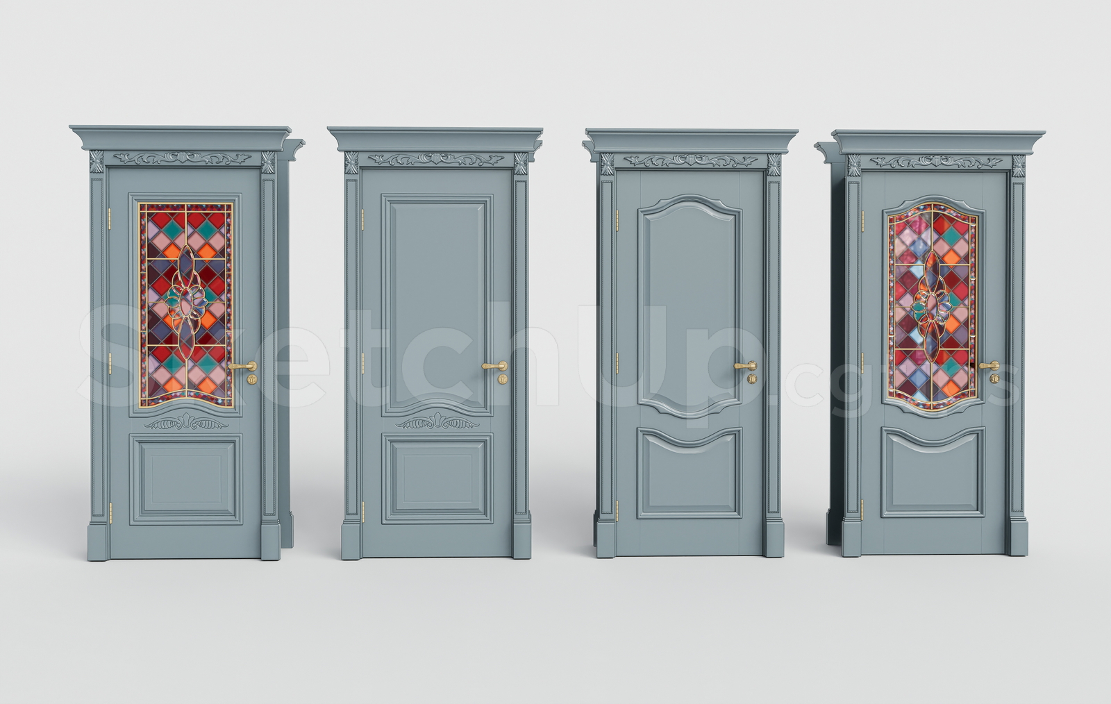 21708. Classic Stained Glass Wooden Door Sketchup 3d Model Download (1)