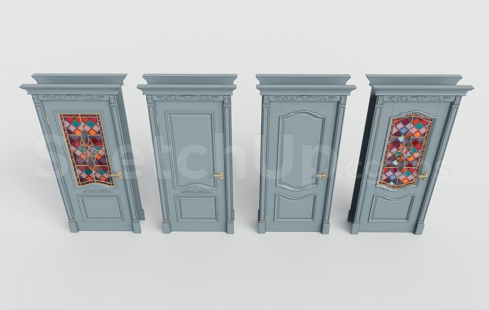 21708. Classic Stained Glass Wooden Door Sketchup 3d Model Download (2)