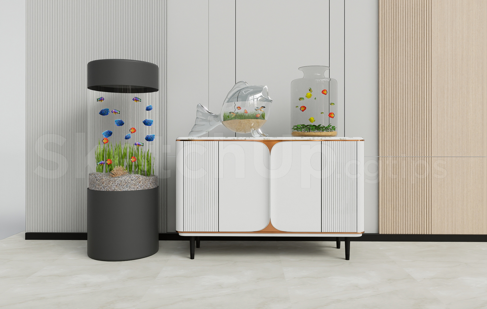 21711. Cylindrical Aquarium And Sideboard Cabinet – Sketchup Model Download (1)