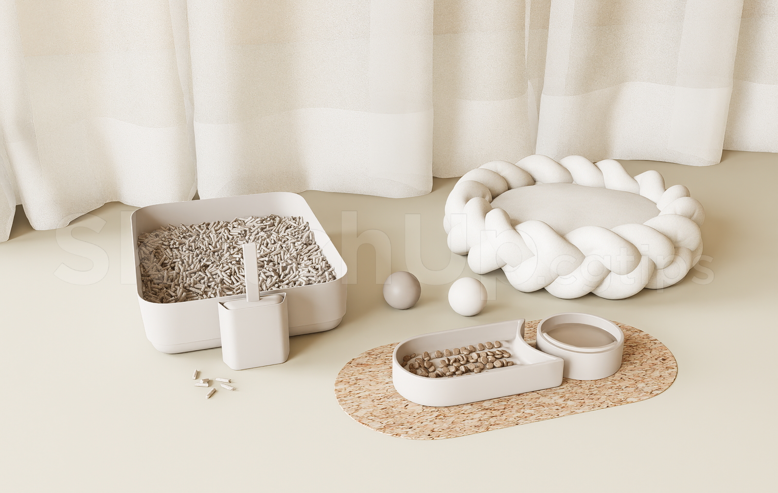 21717. Minimalist Pet Supplies Set With Cat Bed – Sketchup Model Download (1)