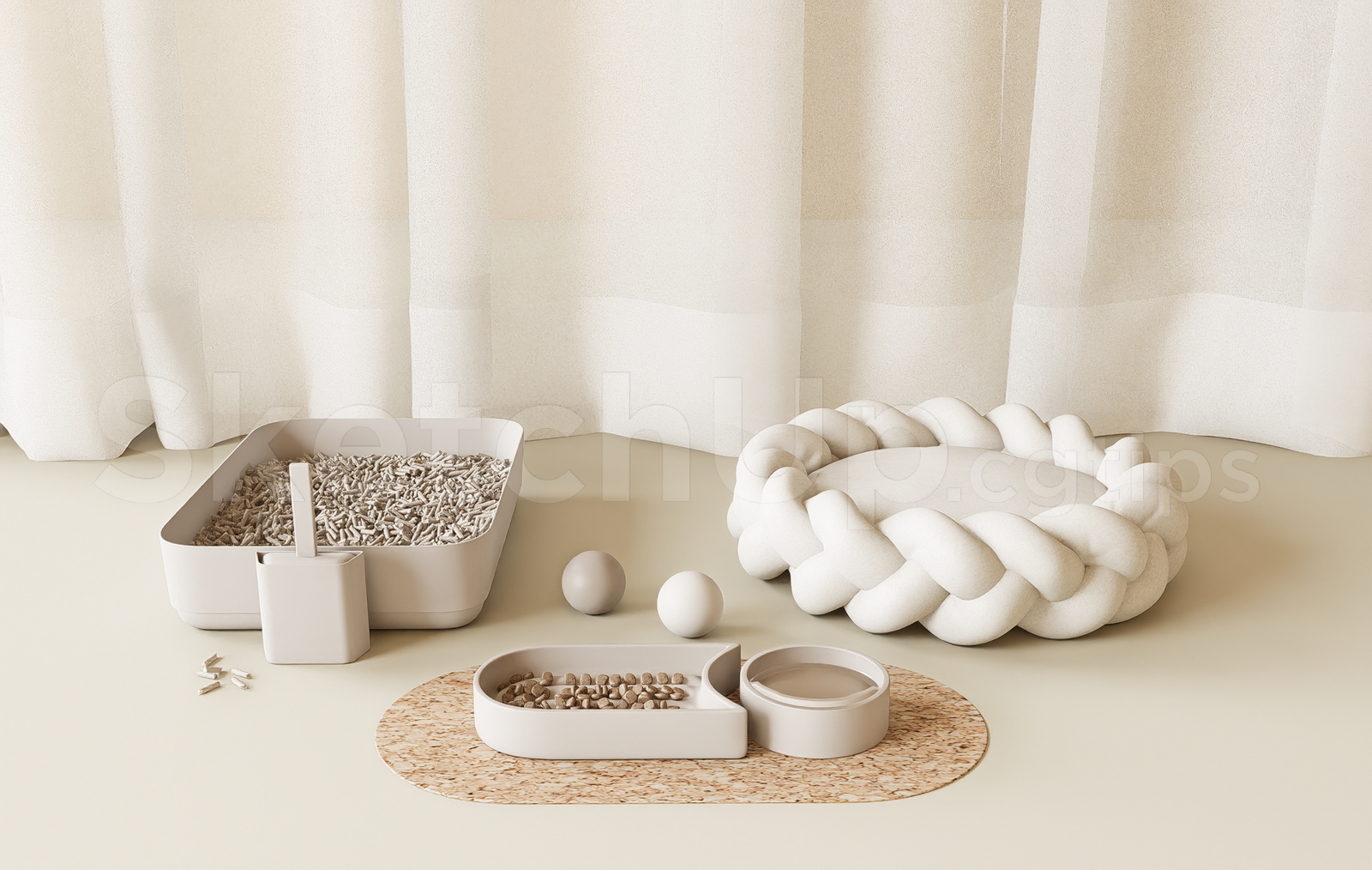 21717. Minimalist Pet Supplies Set With Cat Bed – Sketchup Model Download (2)